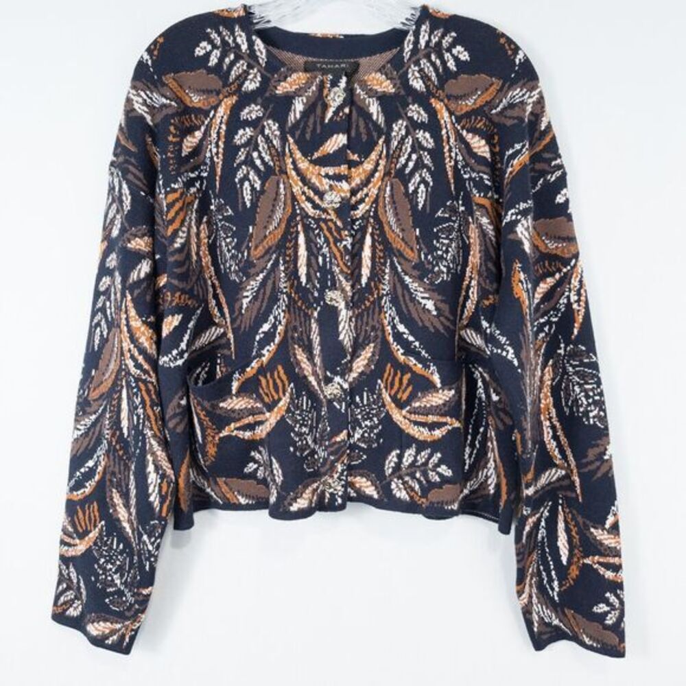 Tahari Leaf Print Knit Gold Buttoned Cardigan Womens Large Navy Autumn Old Money